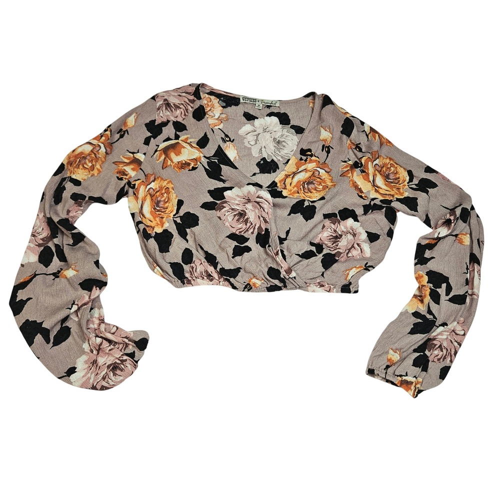 Gypsies & Moondust Boho Floral Surplice Long Sleeve‎ Crop Top M Festival Cottage